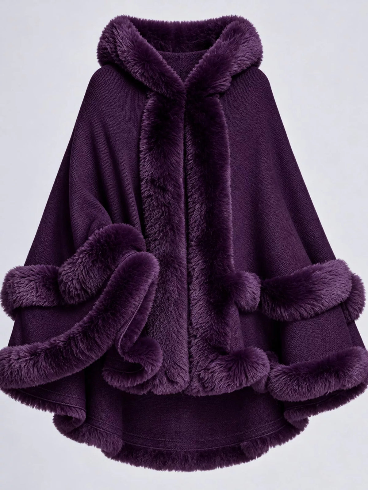 Faux Fur Trimmed Hooded Cape - Purple - View 37