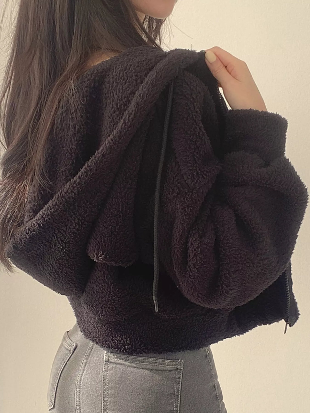 Oversized Sherpa Zip-Up Hoodie - Black - View 16