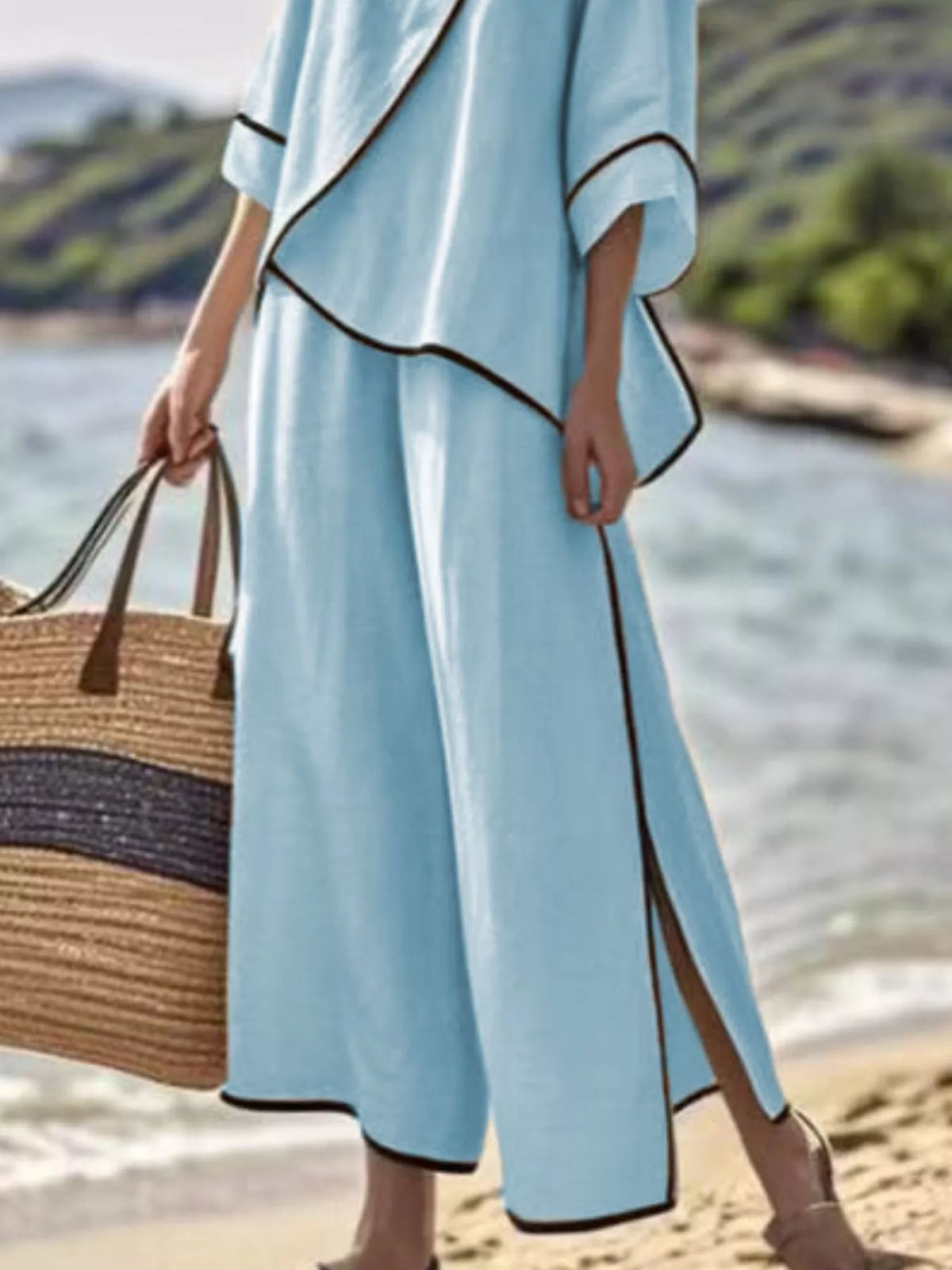 Full Size Contrast Trim Top and Wide Leg Pants Set Plus Size - Blue - View 3
