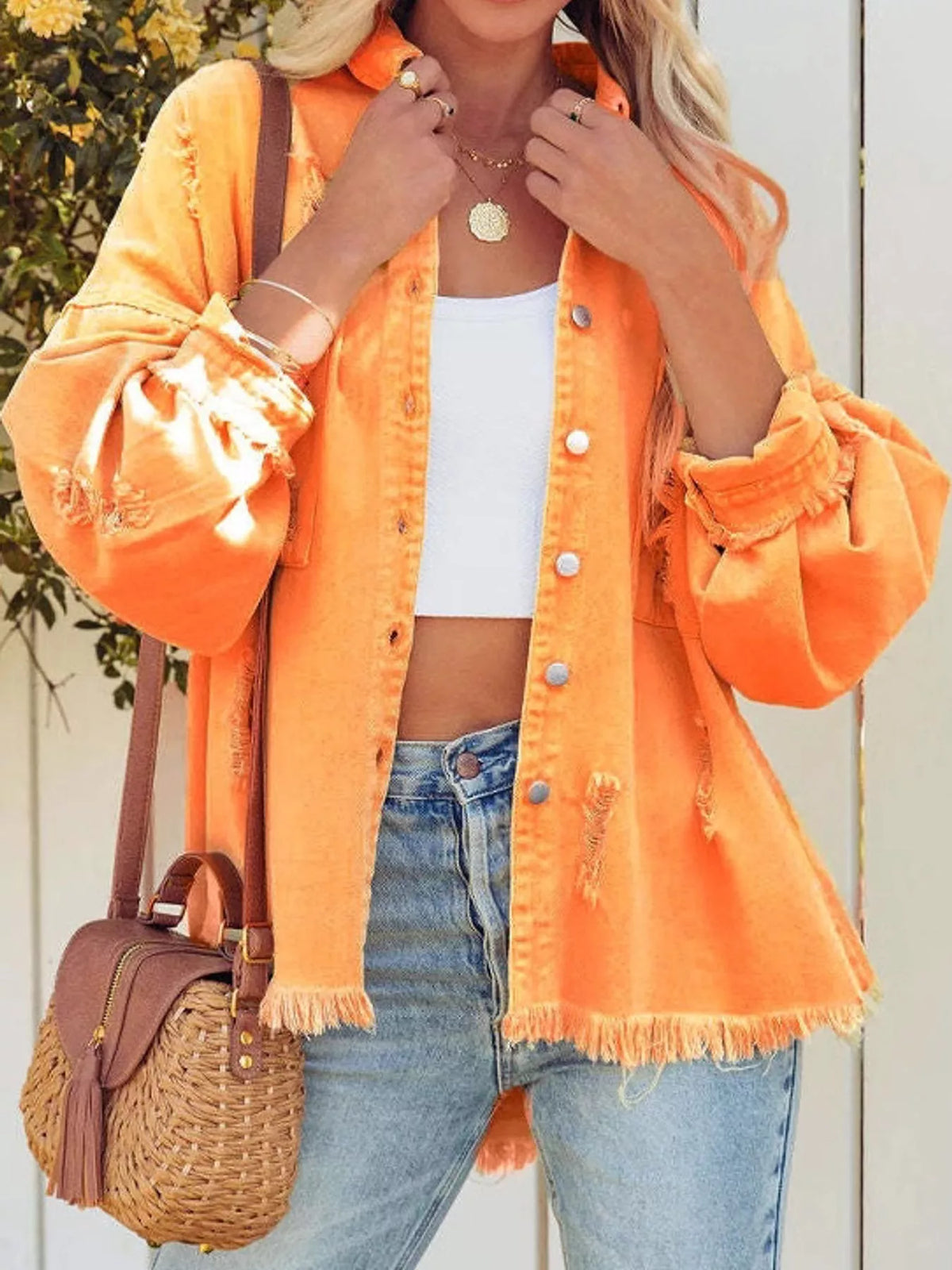 Distressed Raw Hem Denim Jacket - Orange - View 6