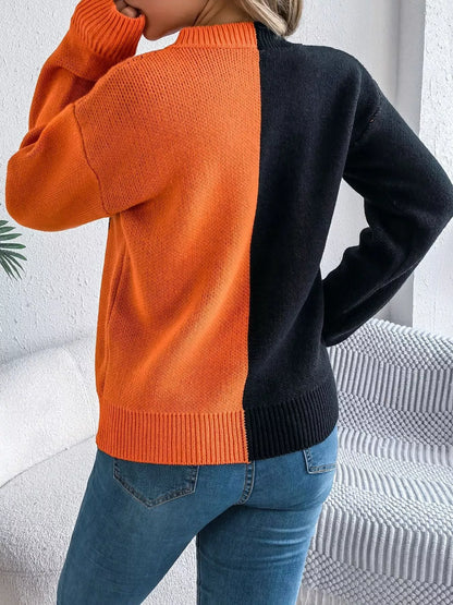 Pumpkin Face Graphic Two Tone Sweater - Orange - View 4