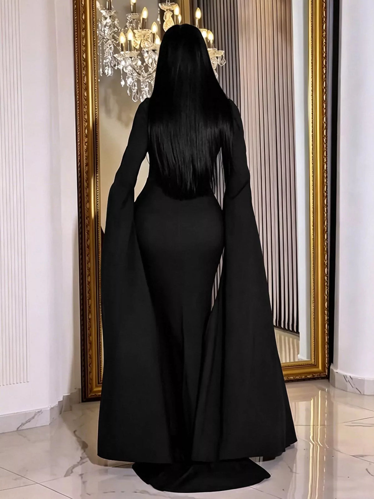 Rhinestone Slit Flare Sleeve Cape Maxi Dress - Black - View 2