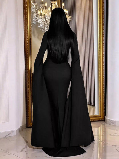 Rhinestone Slit Flare Sleeve Cape Maxi Dress - Black - View 2