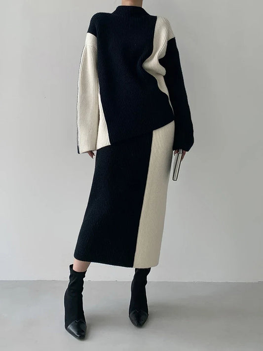 Black colorblock sweater and skirt set