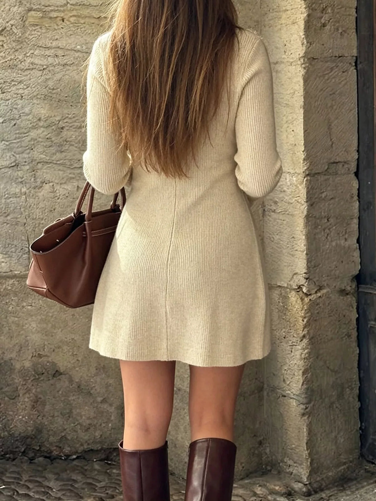 Ribbed Knit Button-Down Sweater Dress - Apricot - View 5