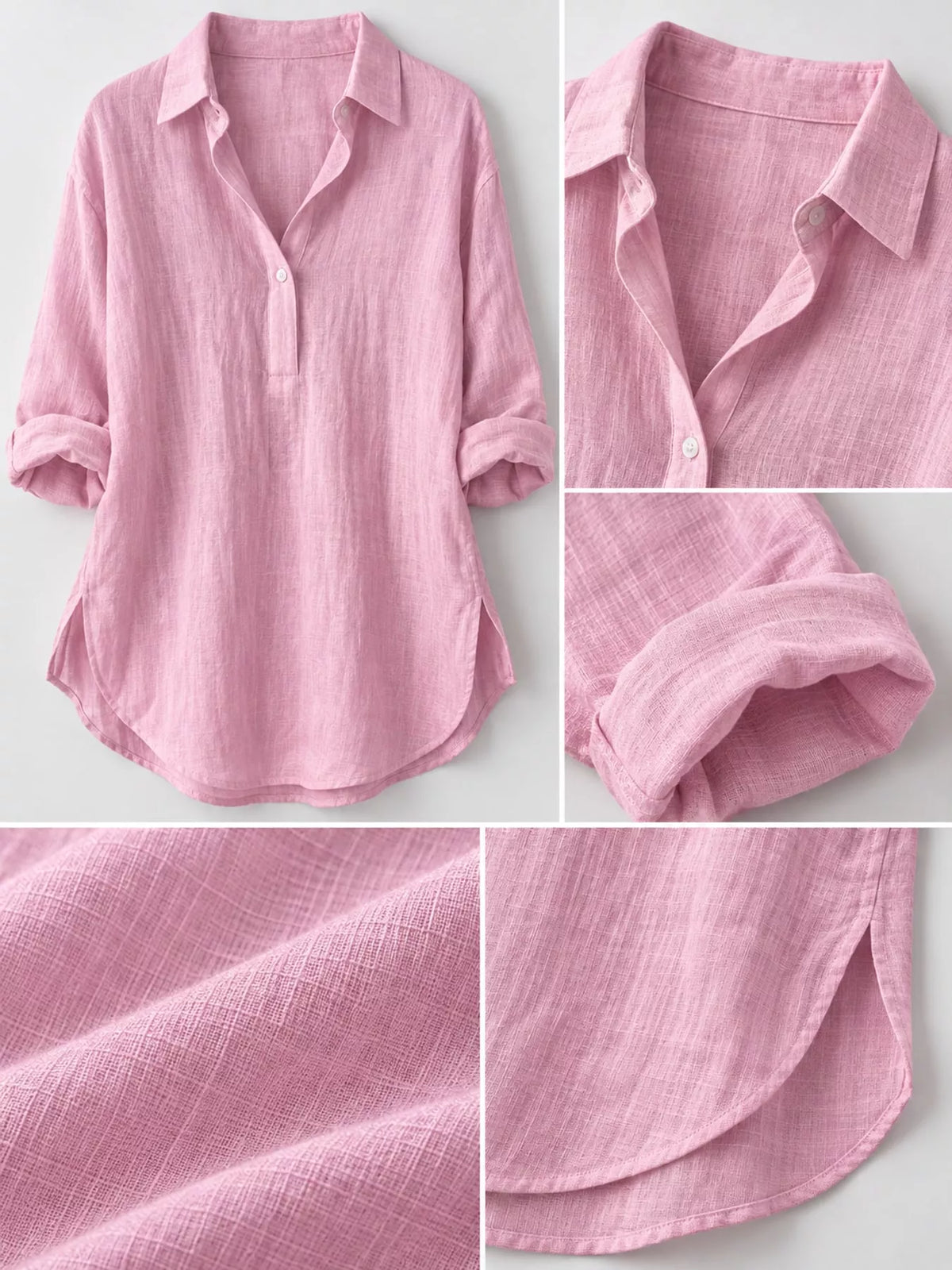 Collared Neck Long Sleeve Blouse - Pink - View 4