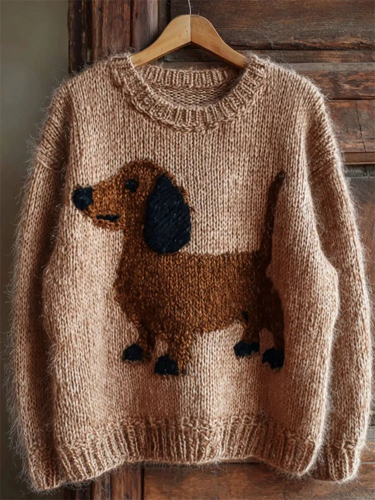 Dachshund Dropped Shoulder Sweater - Tan - View 1