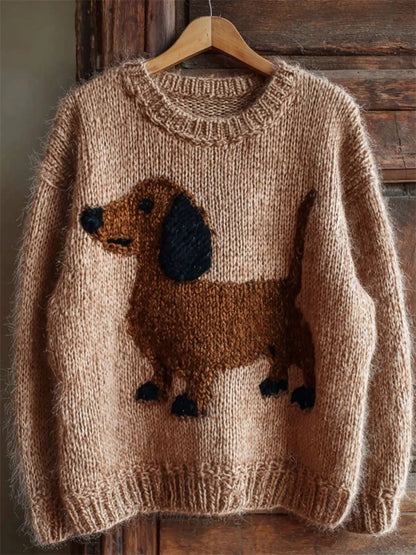 Dachshund Dropped Shoulder Sweater - Tan - View 1