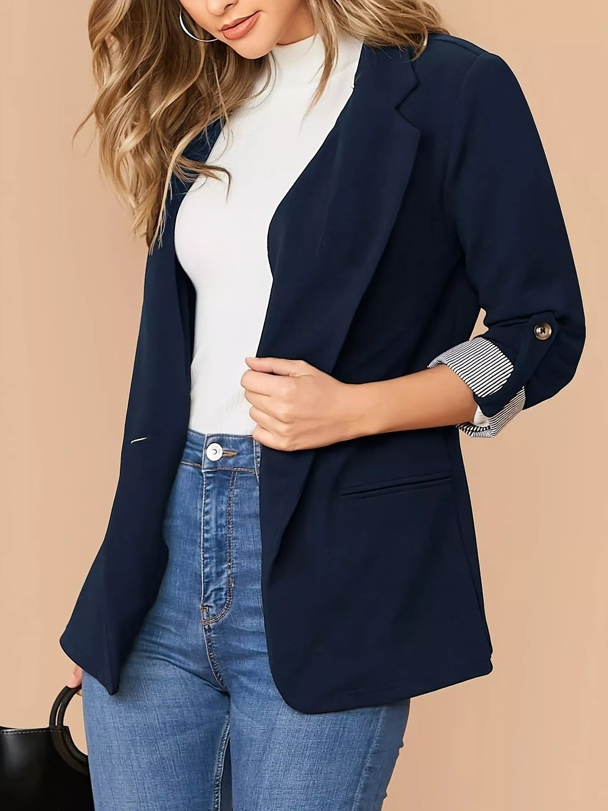 One Button Roll-Up Sleeve Blazer - Navy Blue - View 2