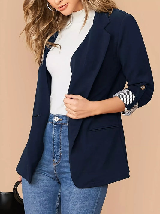 One Button Roll-Up Sleeve Blazer - Navy Blue - View 2