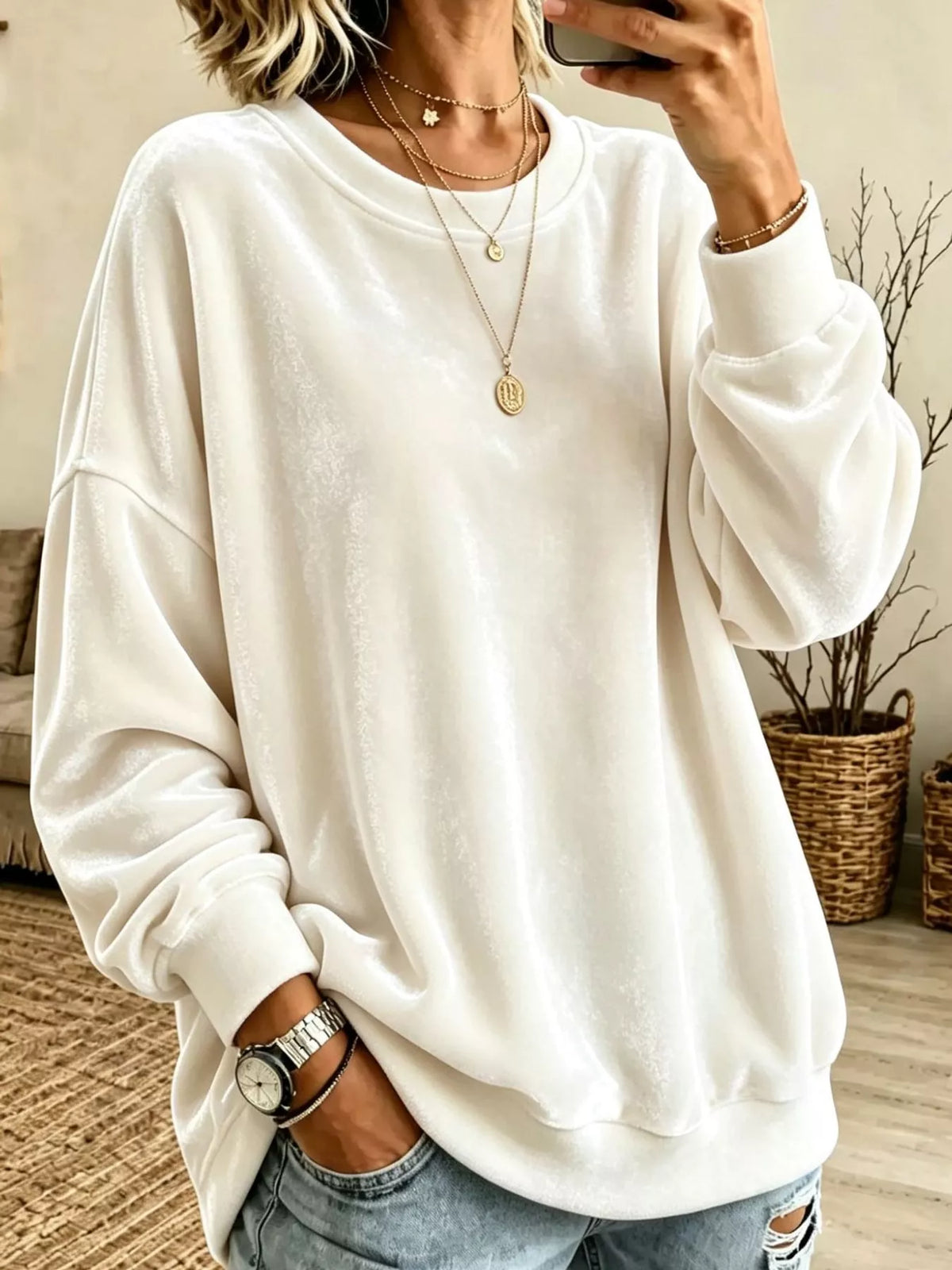 Full Size Crew Neck Drop Shoulder Sweatshirt Plus Size - White - View 1