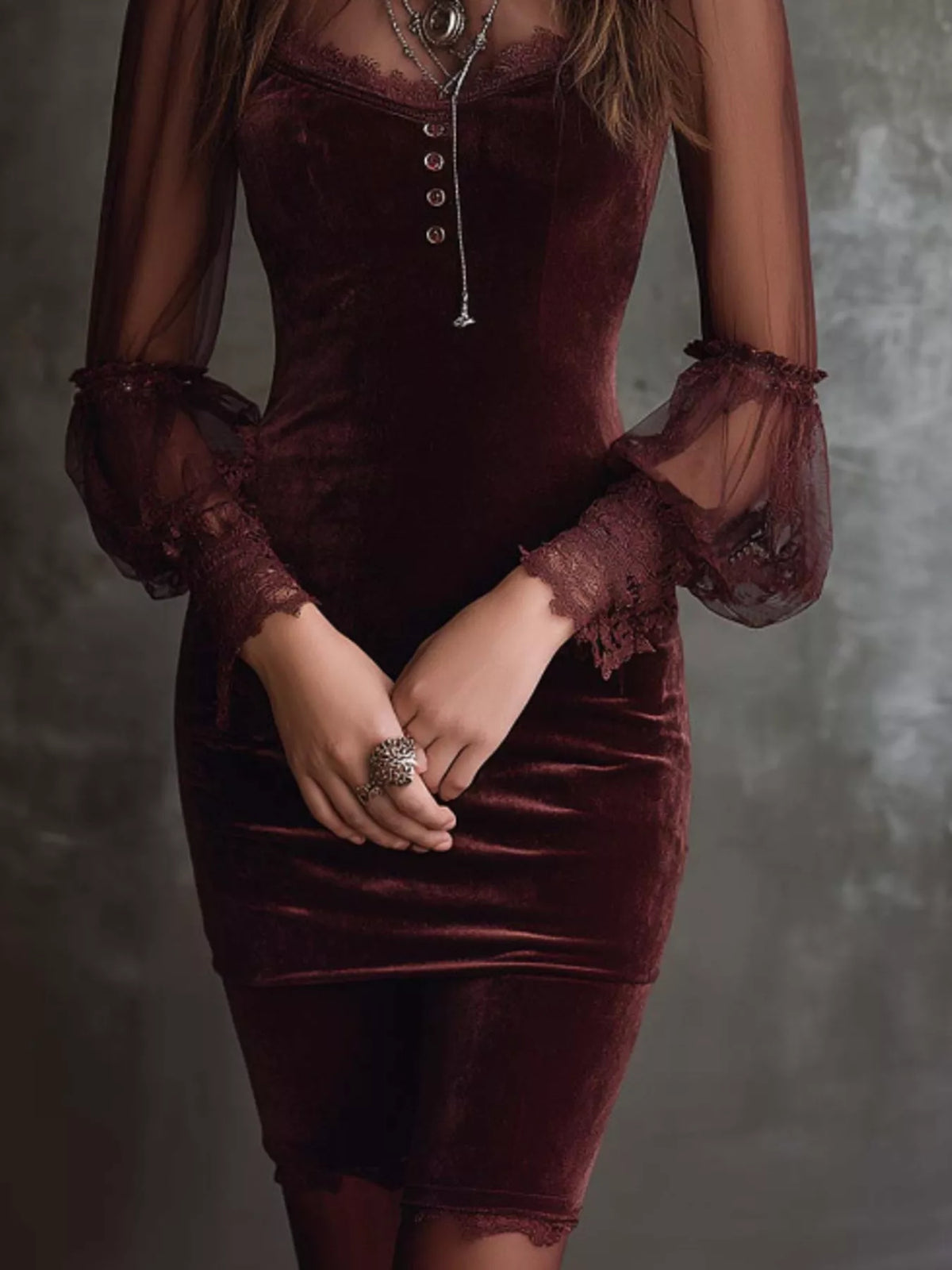 Full Size Velvet Sheer Long Sleeve Bodycon Dress Plus Size - Wine Red - View 3