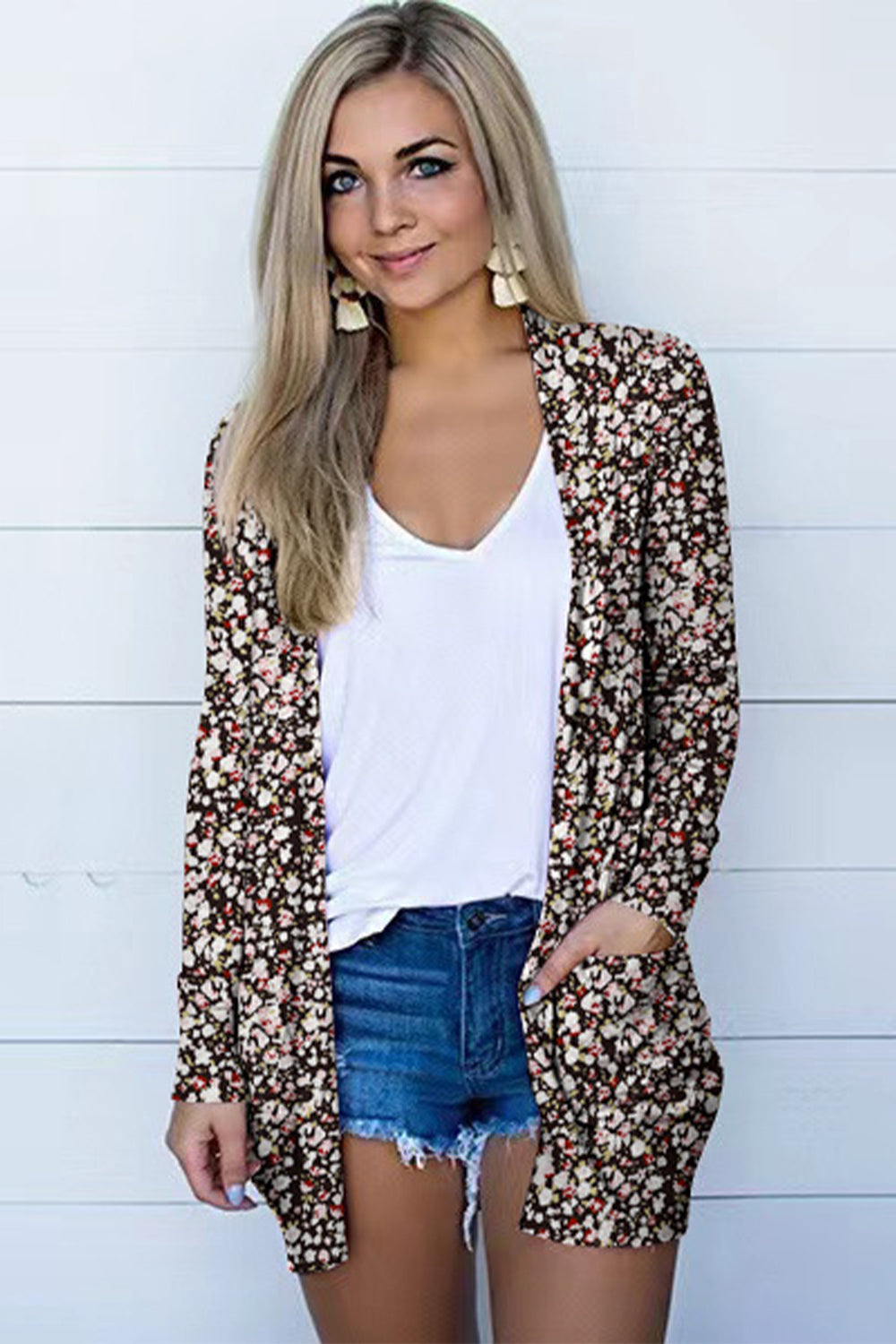 Printed Long Sleeve Cardigan - Black - View 7