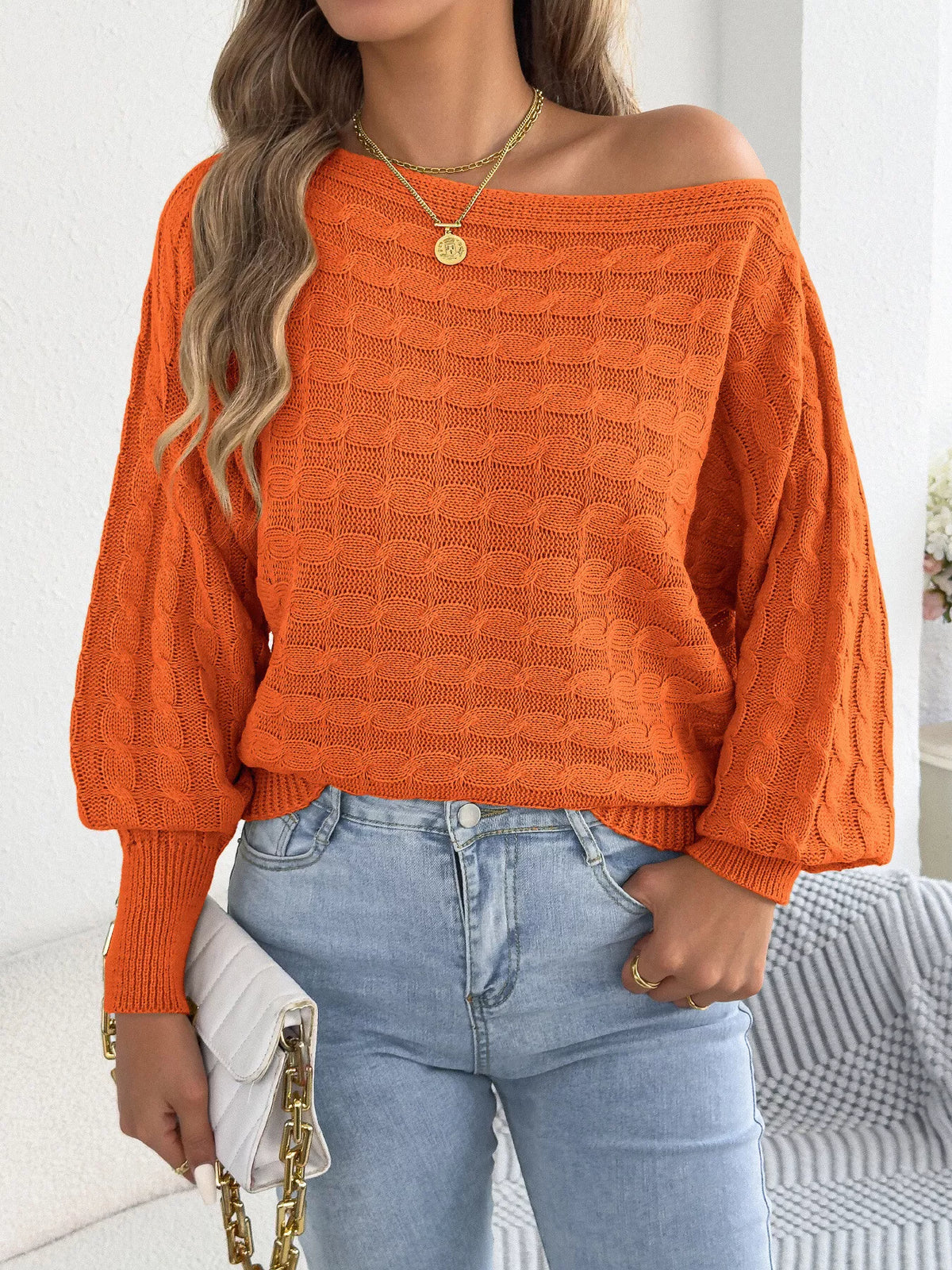 Cable Knit Boat Neck Sweater - Orange - View 2