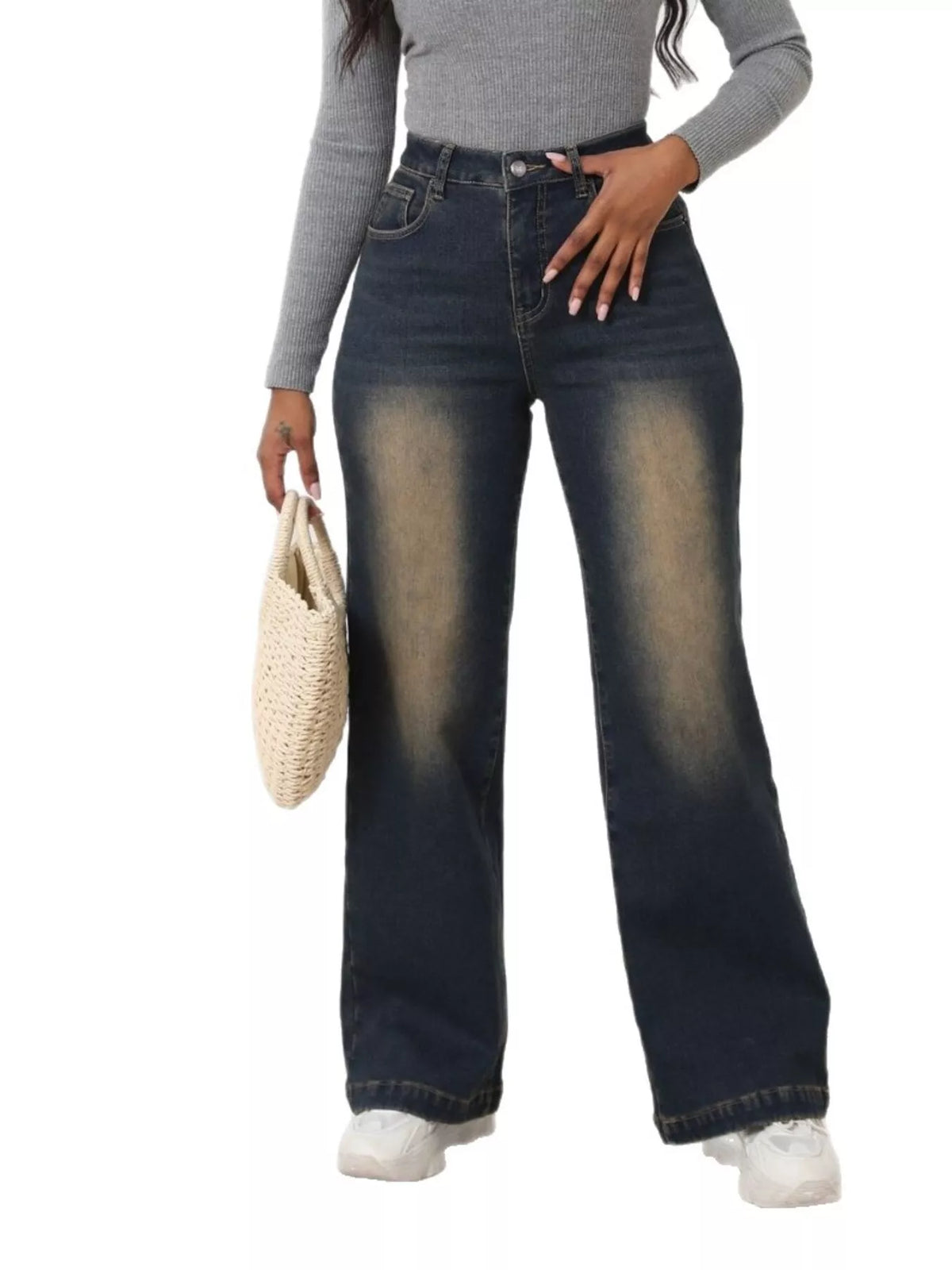 High-Waisted Washed Wide-Leg Jeans - Navy Blue - View 3