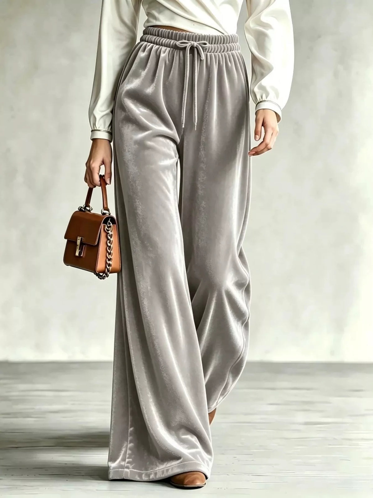 Velvet Wide-Leg Pants with Drawstring - Gray - View 1