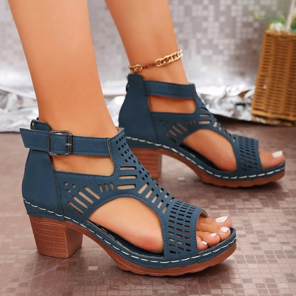 Open Toe Block Heels Sandals - Dark Blue - View 2