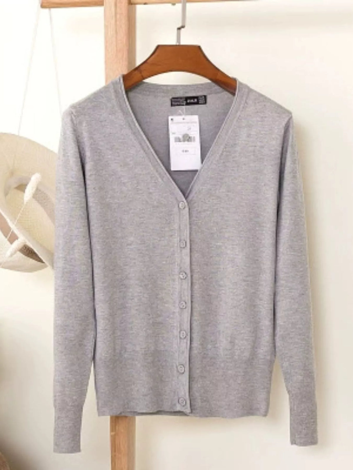 Classic V-Neck Button-Down Knit Cardigan - Light Gray - View 47