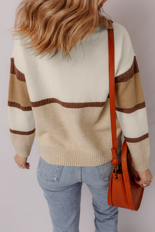 Parchment Colorblock Zipped Collared Pullover Sweater - Parchment - 2
