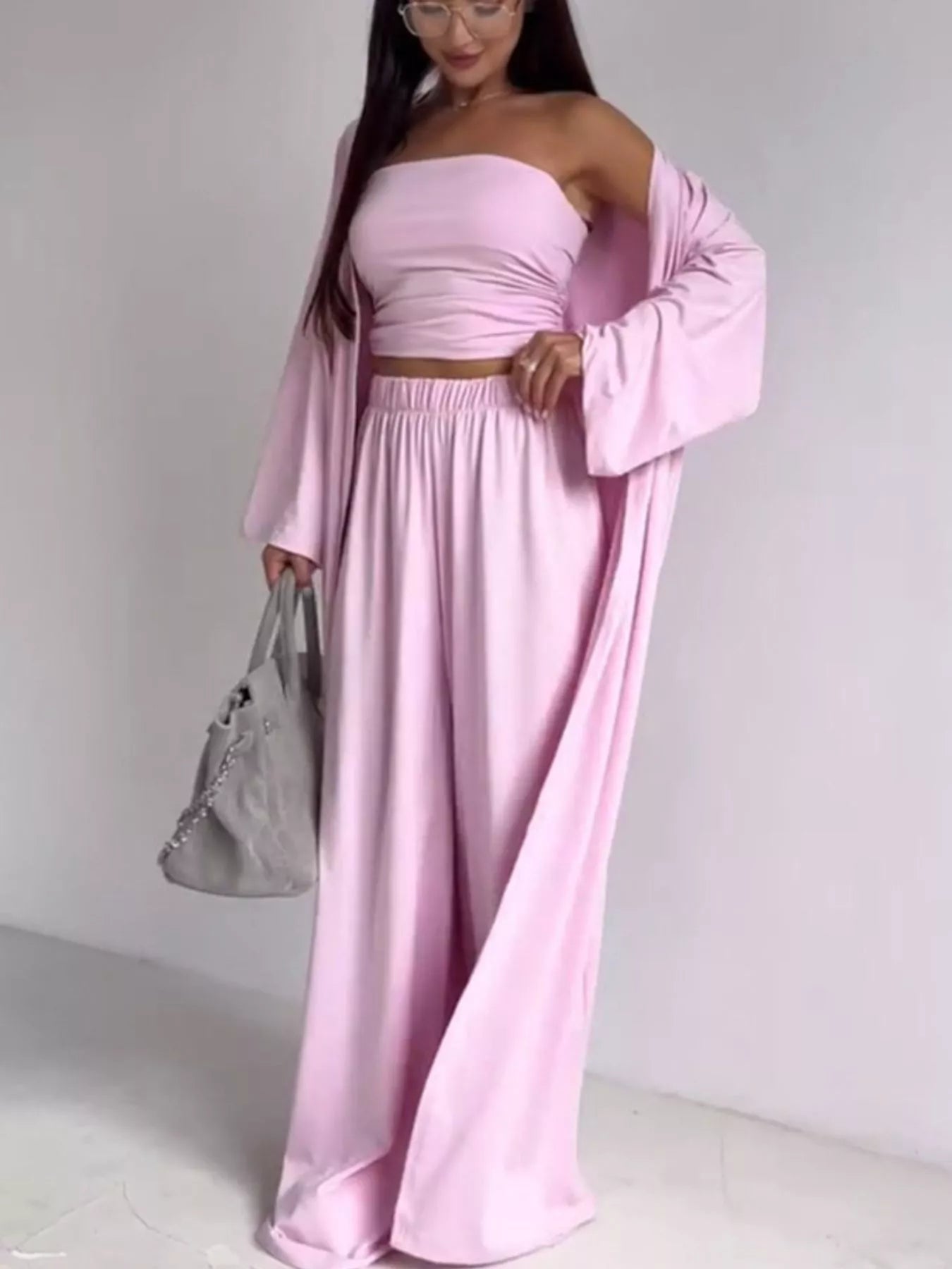 Tube Top & Cardigan & Wide Leg Pants 3-Piece Set - Blush Pink - Second Alternate Styled Front View