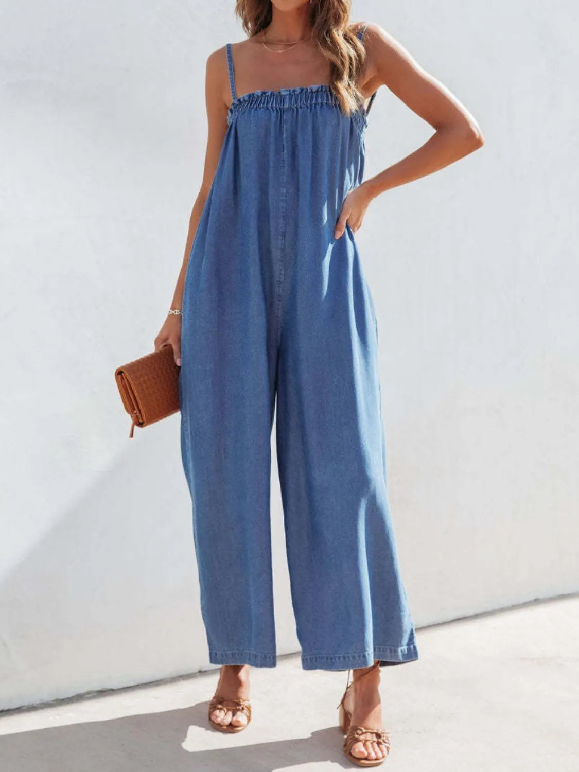 Spaghetti Strap Wide Leg Denim Jumpsuit - Medium - View 4