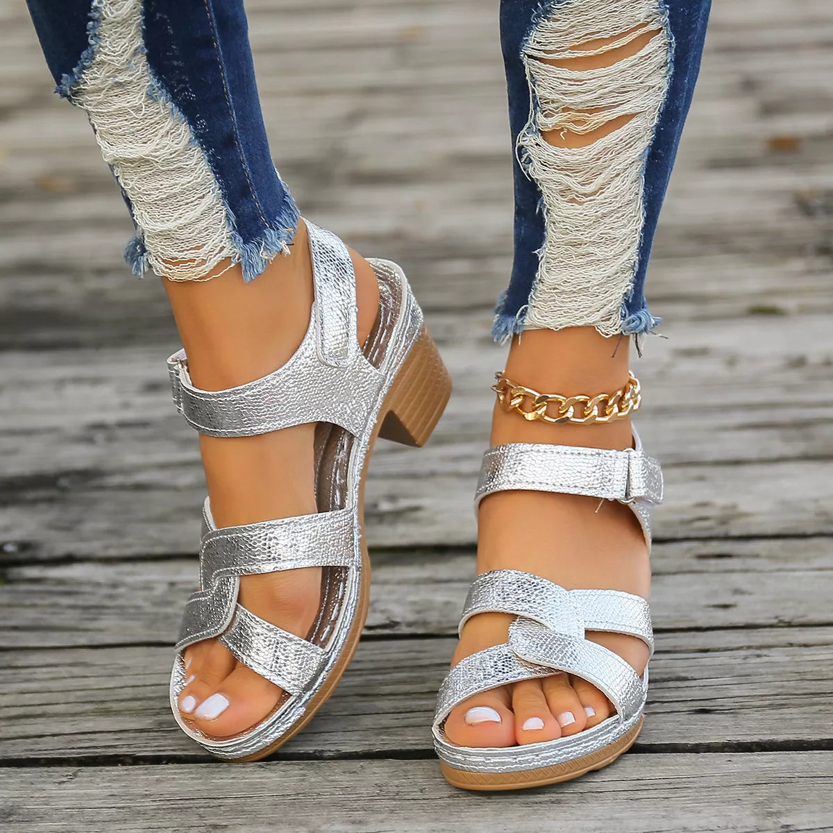 Open Toe Block Heels Sandals - Silver - View 4