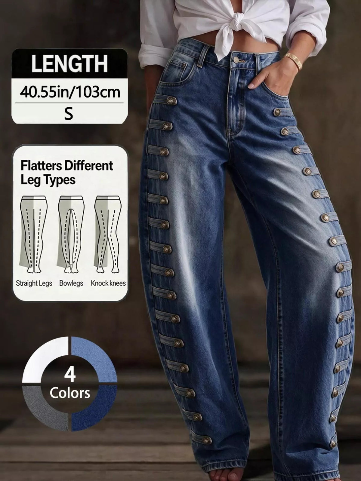 Decorative Button Wide Leg Jeans - Dark Blue - View 1
