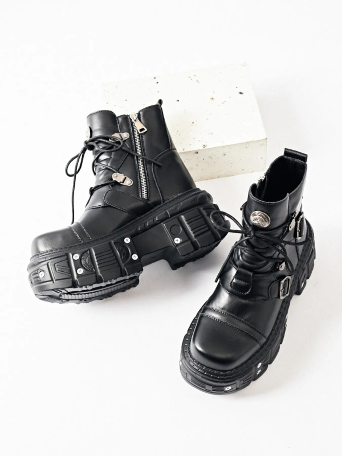 Lace Up Platform Boots - Black - View 8