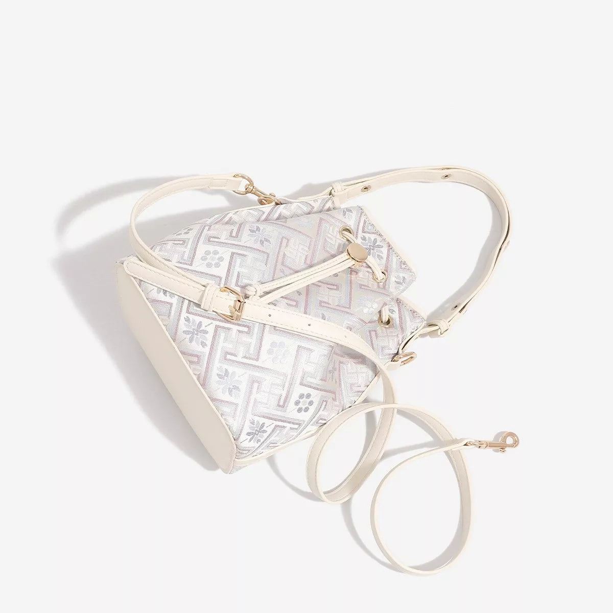 Geometric Pattern Drawstring Crossbody Bucket Bag - Cream - View 3