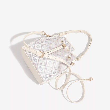 Geometric Pattern Drawstring Crossbody Bucket Bag - Cream - View 3