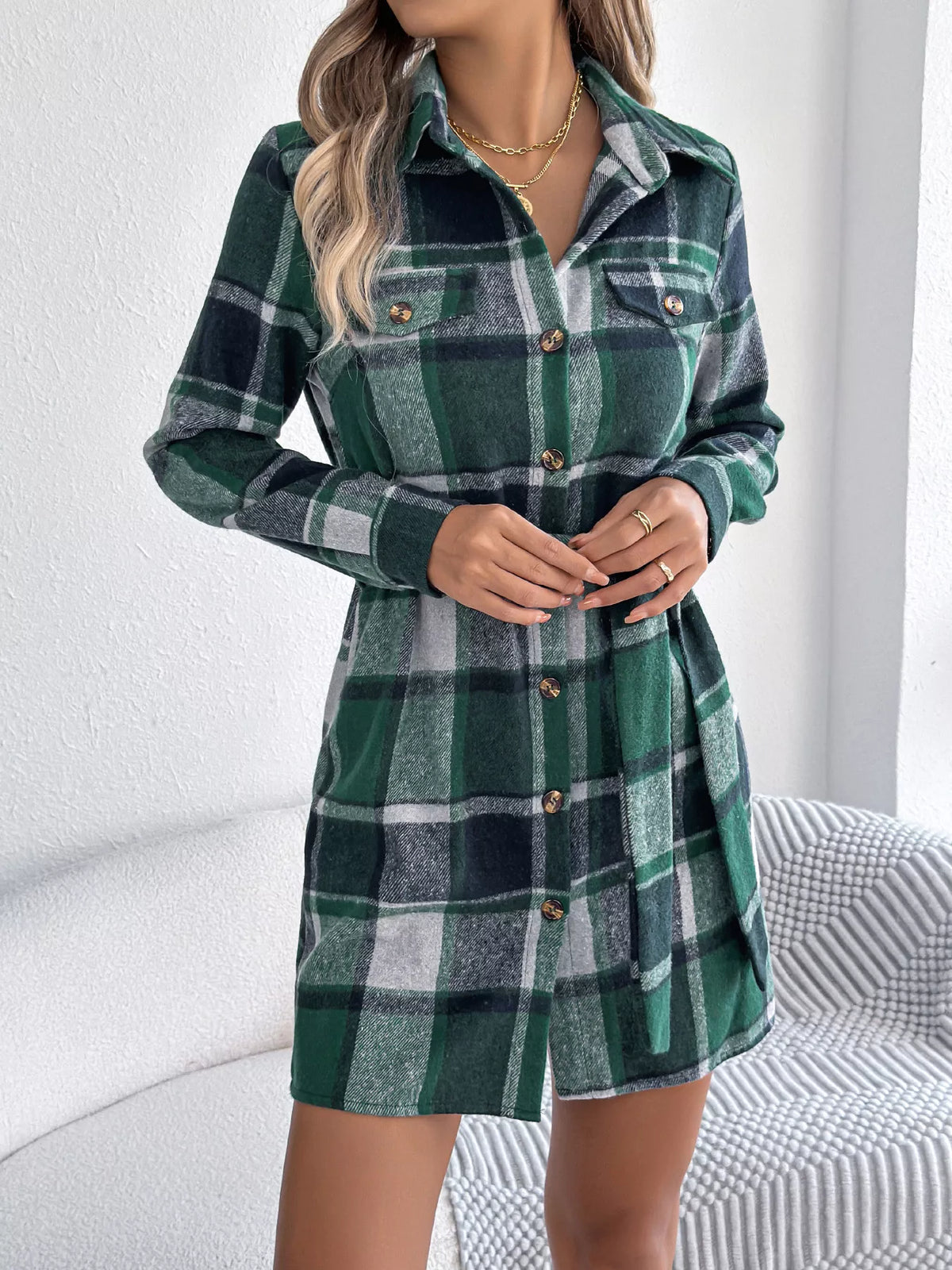Plaid Button Front Tie Waist Shirt Dress - Green - View 4