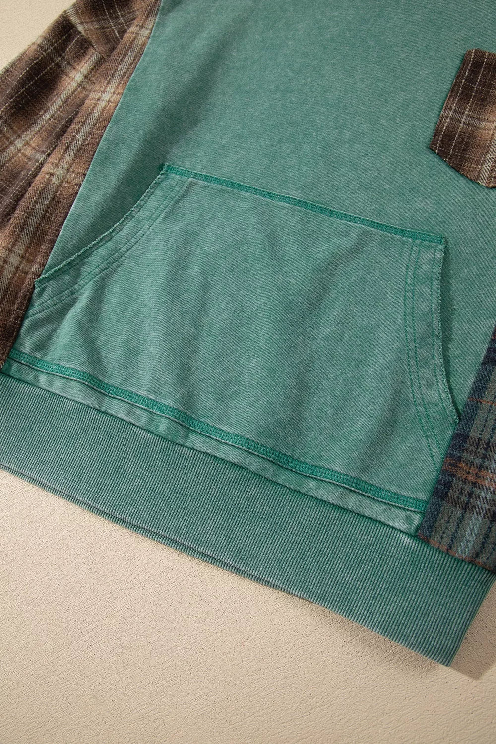 Plaid Kangaroo Pocket Hoodie - Sage - View 10