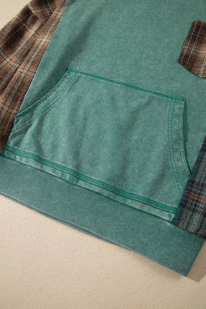 Plaid Kangaroo Pocket Hoodie - Sage - View 10