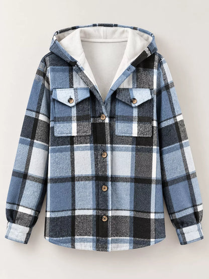 Fleece-Lined Plaid Button Up Shacket - Light Blue - View 9