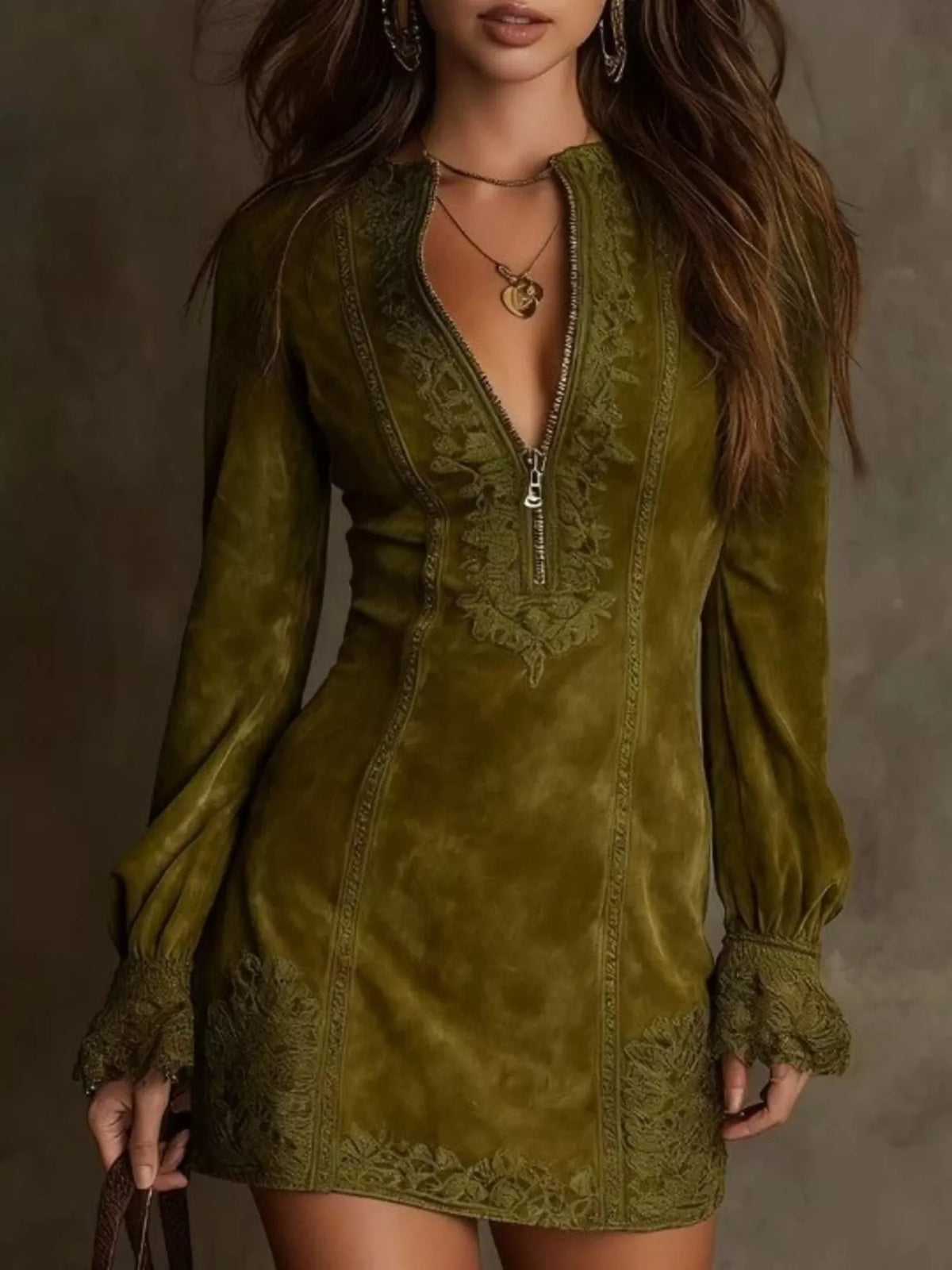Full Size Zip-Front Long Sleeve Mini Dress Plus Size - Olive Green - View 1