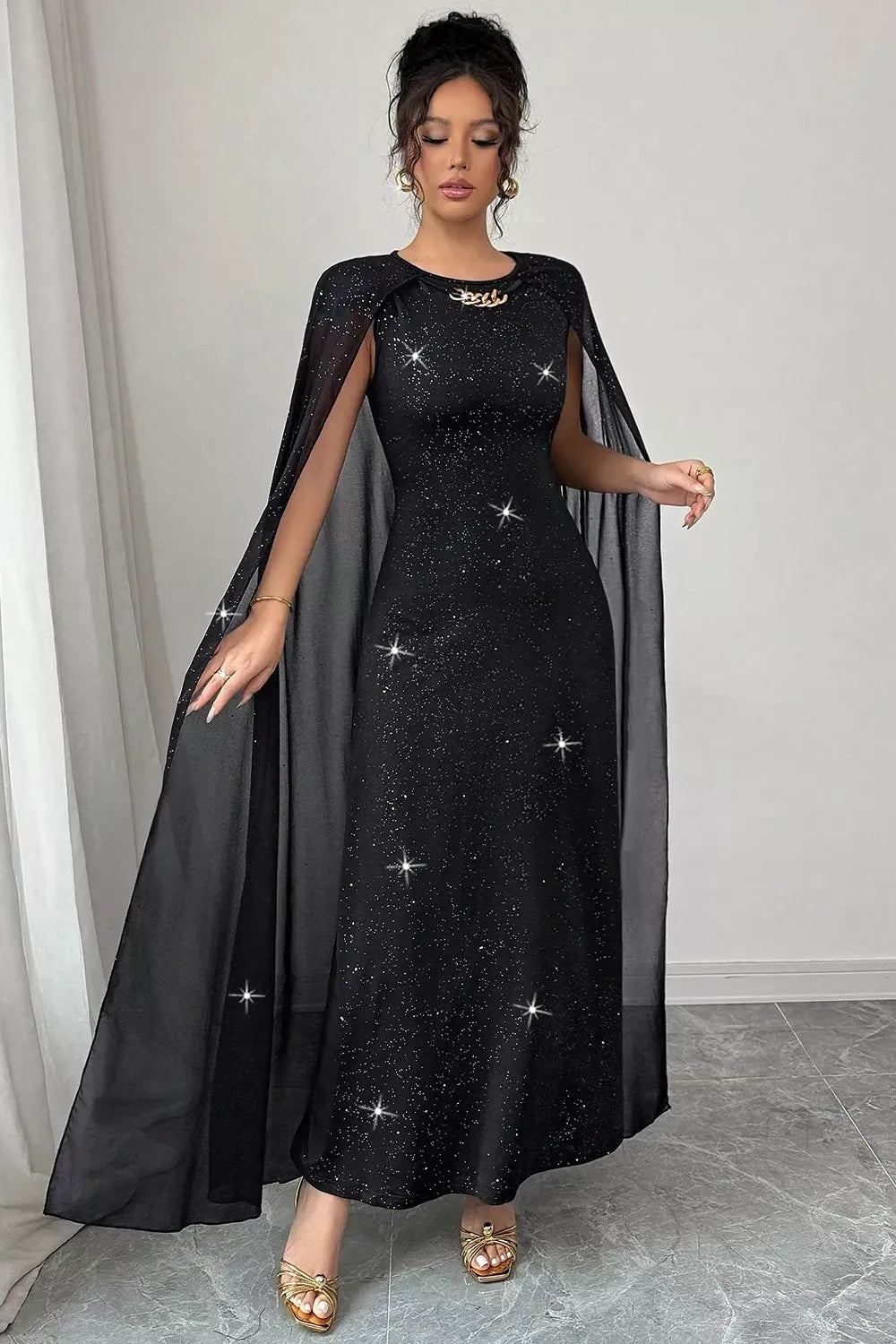 Glitter Cape-Sleeve Maxi Dress - Black - View 5