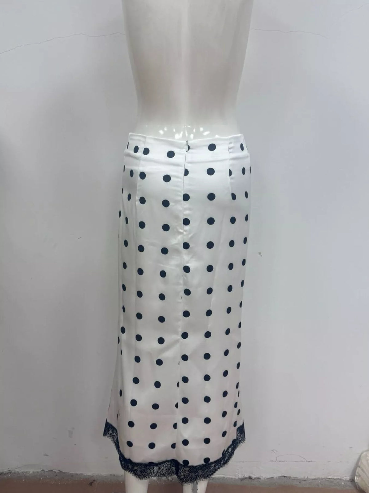 Polka Dot Midi Skirt with Lace Trim - White - View 10