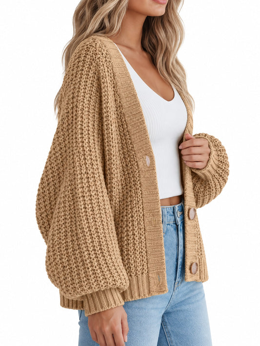 Full Size Chunky Knit Button-Down Cardigan Plus Size - Khaki - View 2
