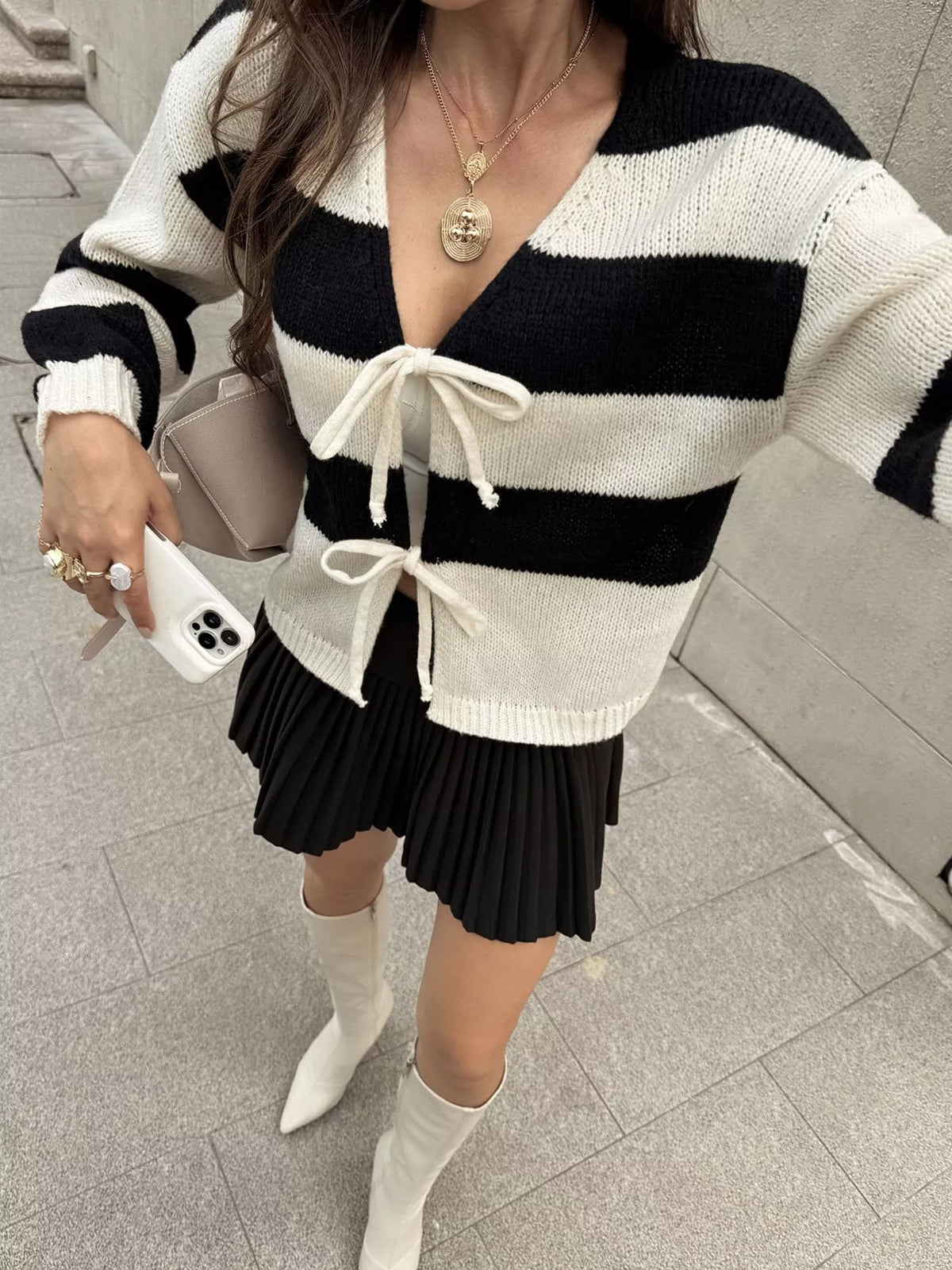 Striped Tie-Front Knit Cardigan - Black - View 3