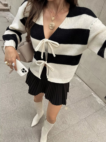 Striped Tie-Front Knit Cardigan - Black - View 3