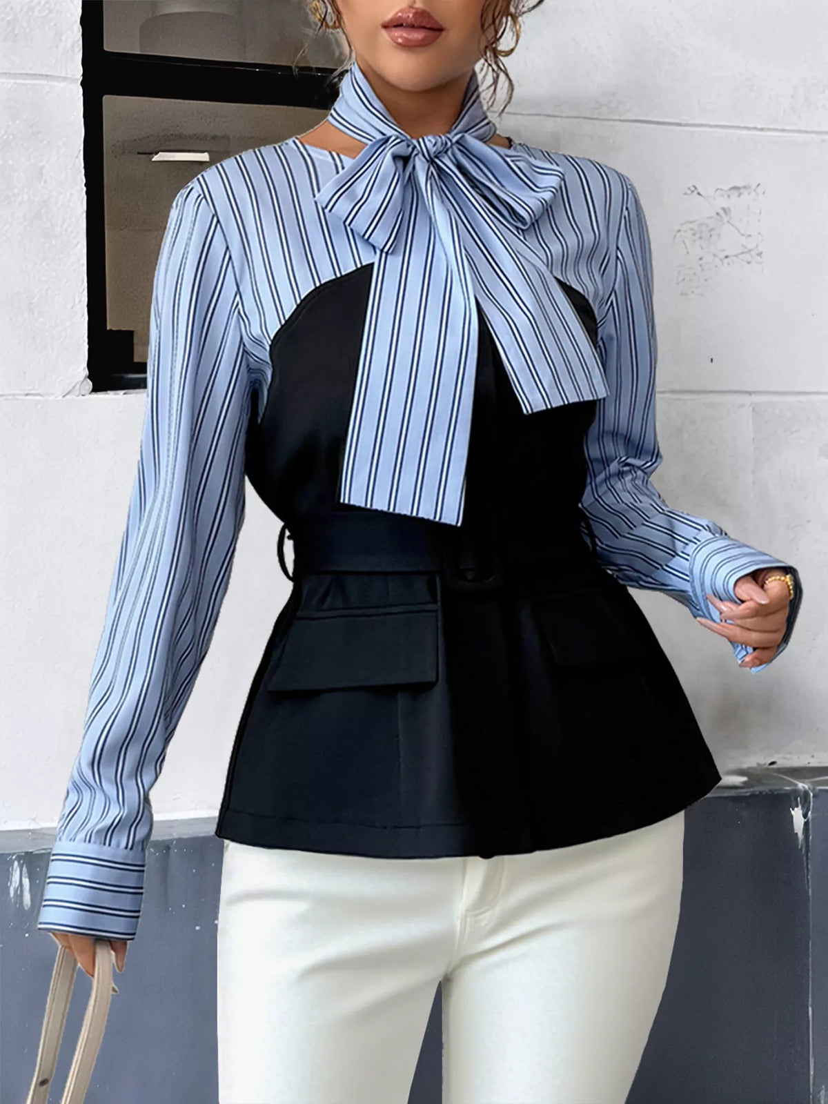 Striped Long Sleeve Blouse with Bow Tie - Blue - View 3