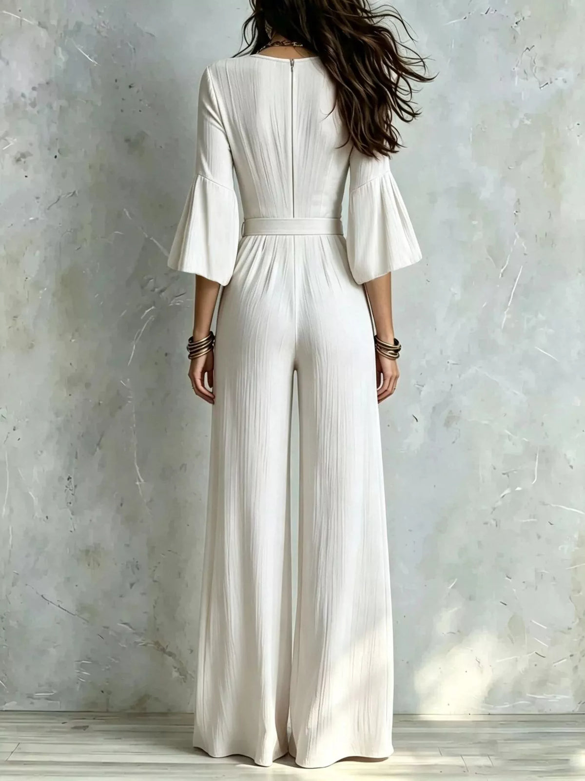 Pleated Wide-Leg Jumpsuit with Tie-Waist - White - View 10