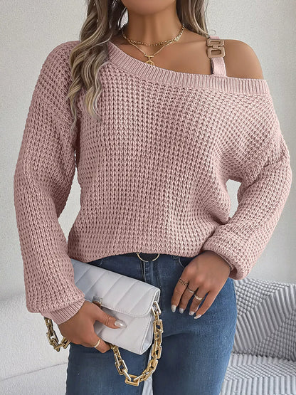 Asymmetrical Neck Long Sleeve Sweater - Dusty Pink - View 2