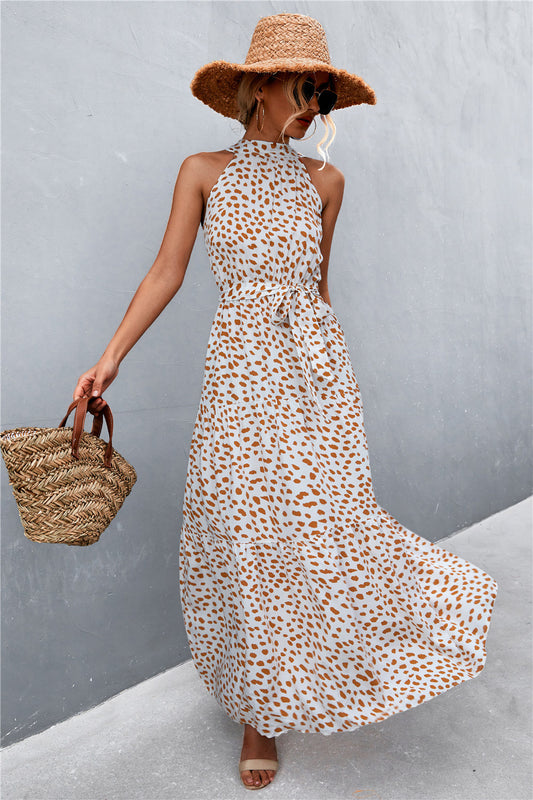 Printed Sleeveless Tie Waist Maxi Dress - Beige - View 1