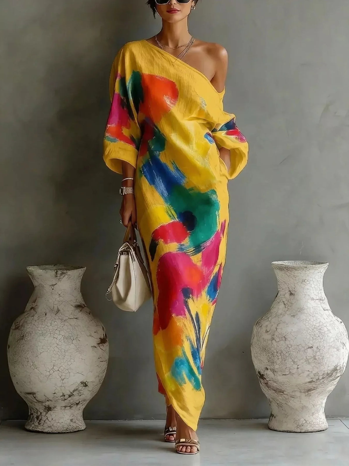 Full Size One-Shoulder Abstract Print Loose Fit Maxi Dress Plus Size - Yellow - Original supplier view 5