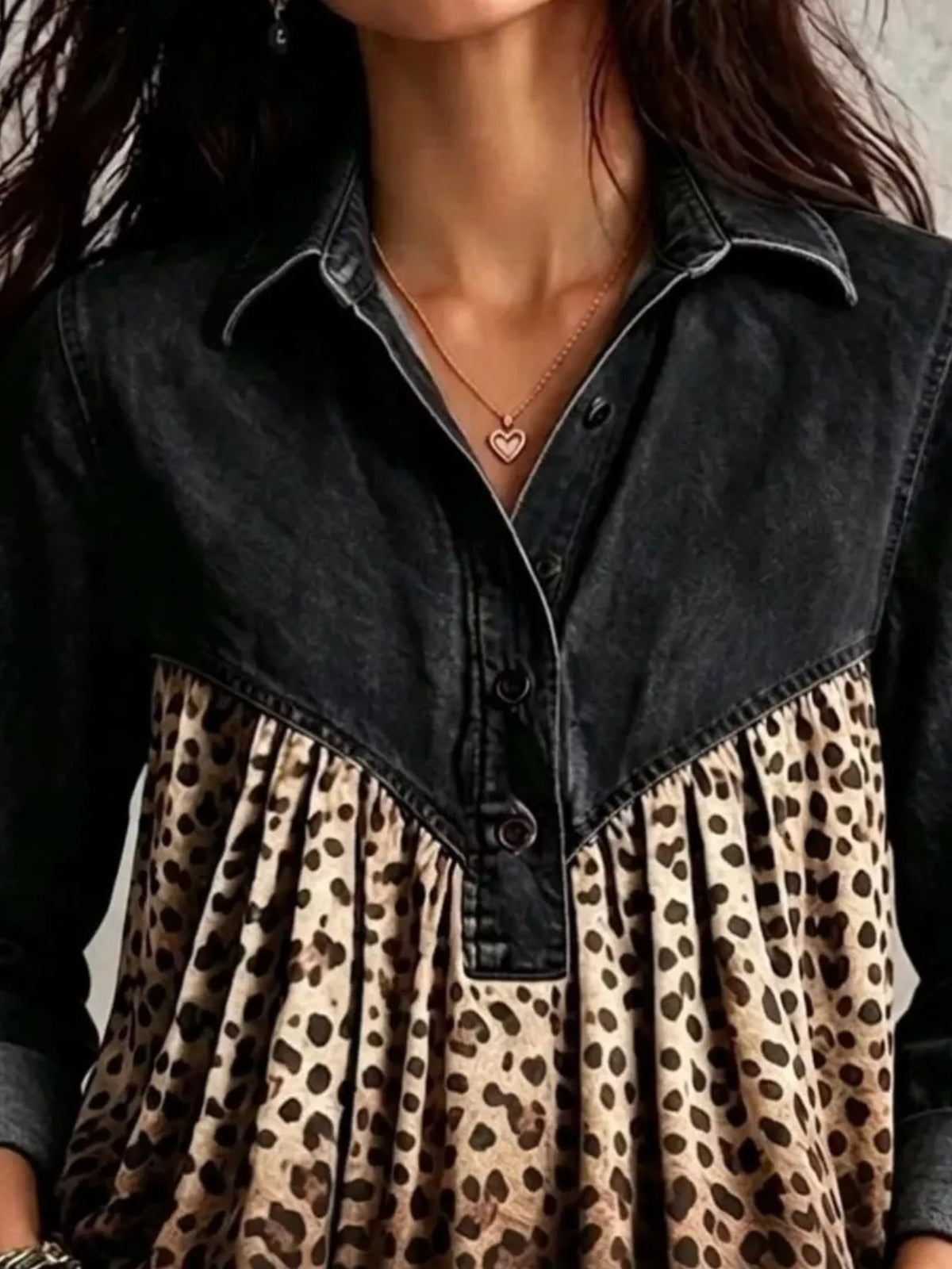 Full Size Leopard Button Detail Blouse Plus Size - Black - View 2