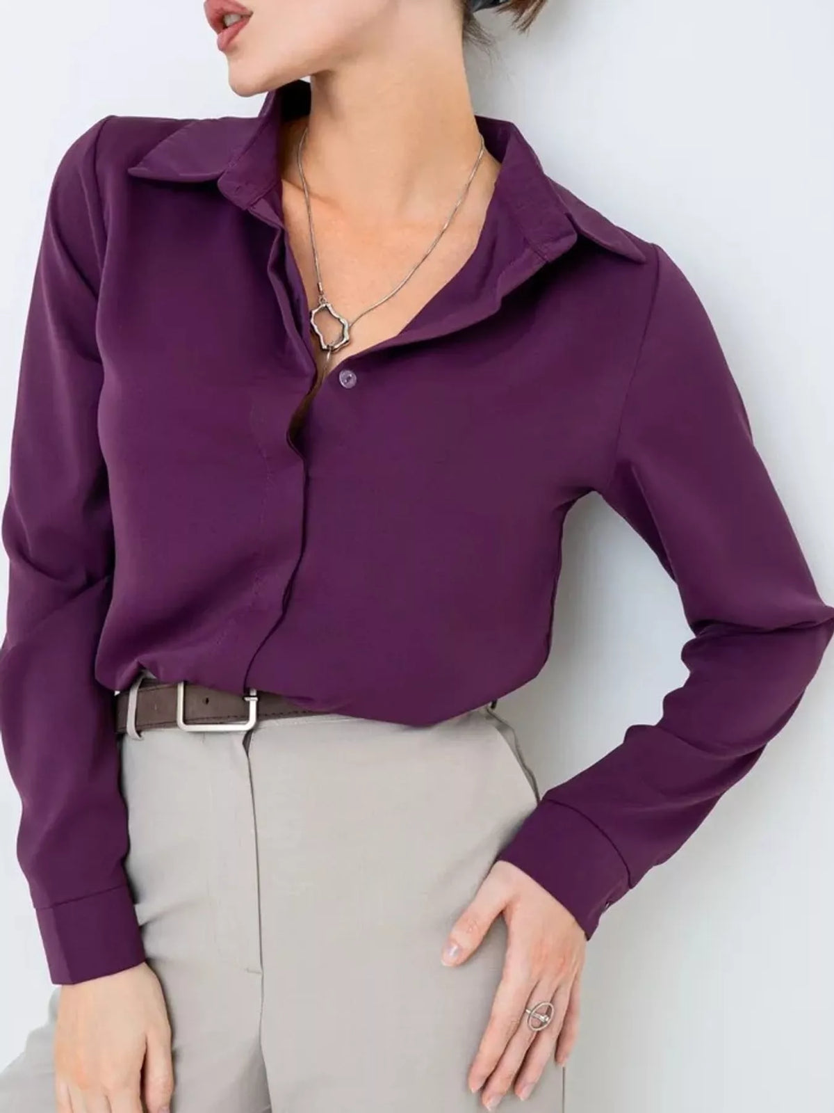 Button Up Long-Sleeve Shirt - Purple - View 91