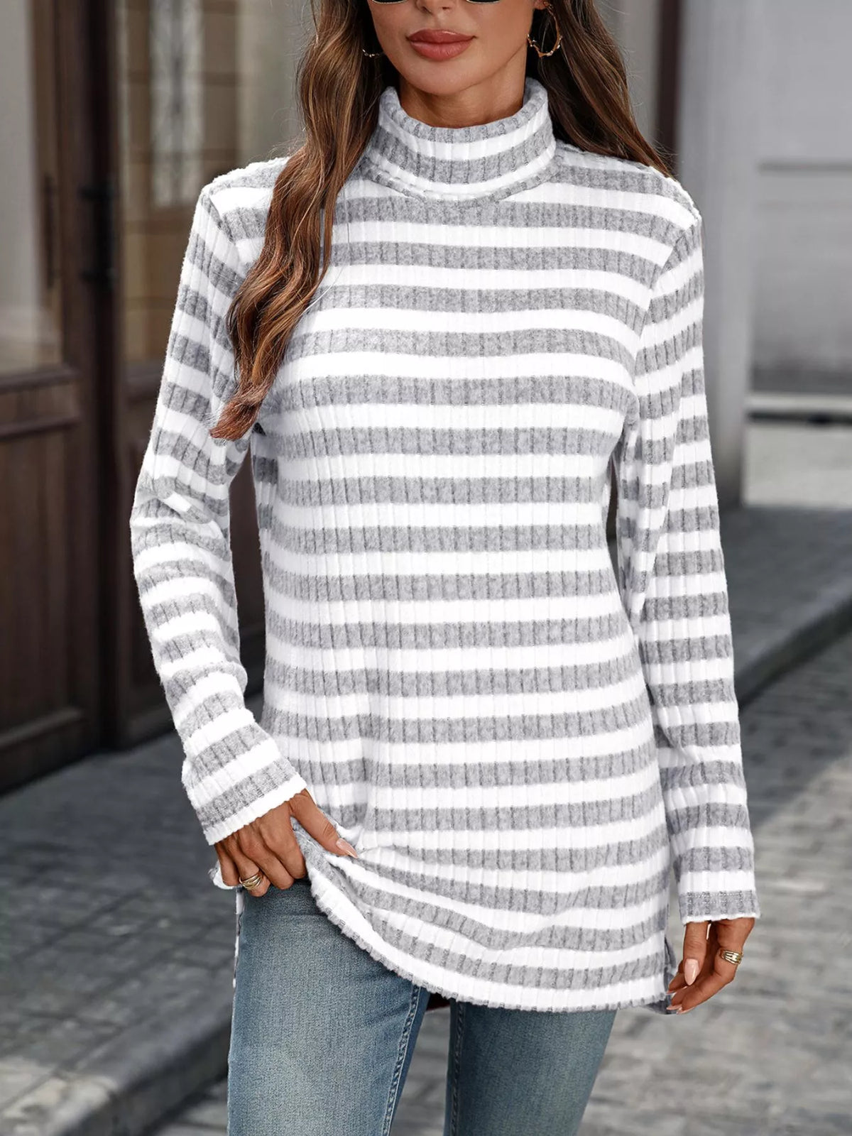 Striped Ribbed Knit Turtleneck Long Sleeve T-Shirt - Light Gray - View 1