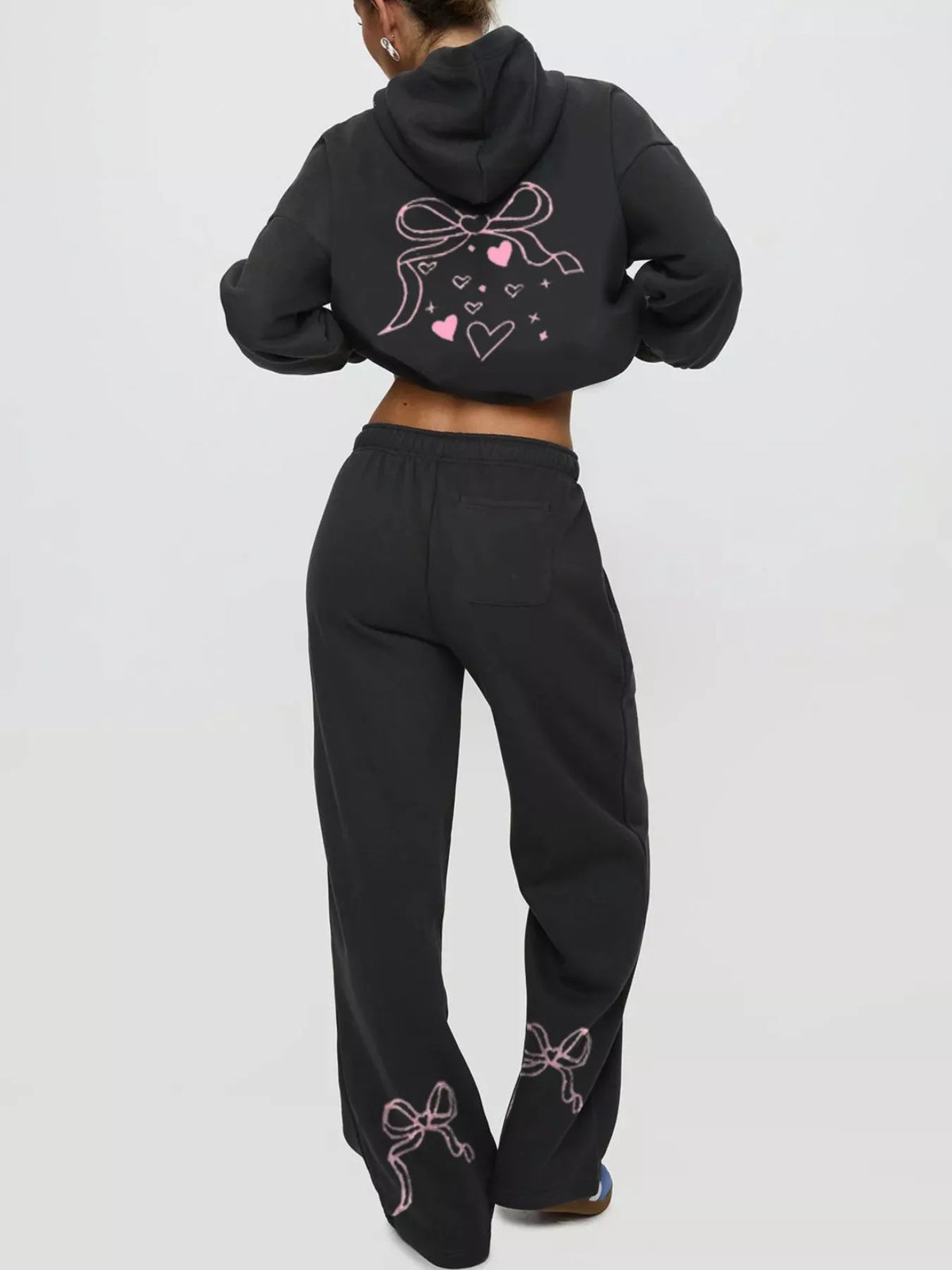 Bow and Heart Dropped Shoulder Hoodie and Pants Set - Black - View 2