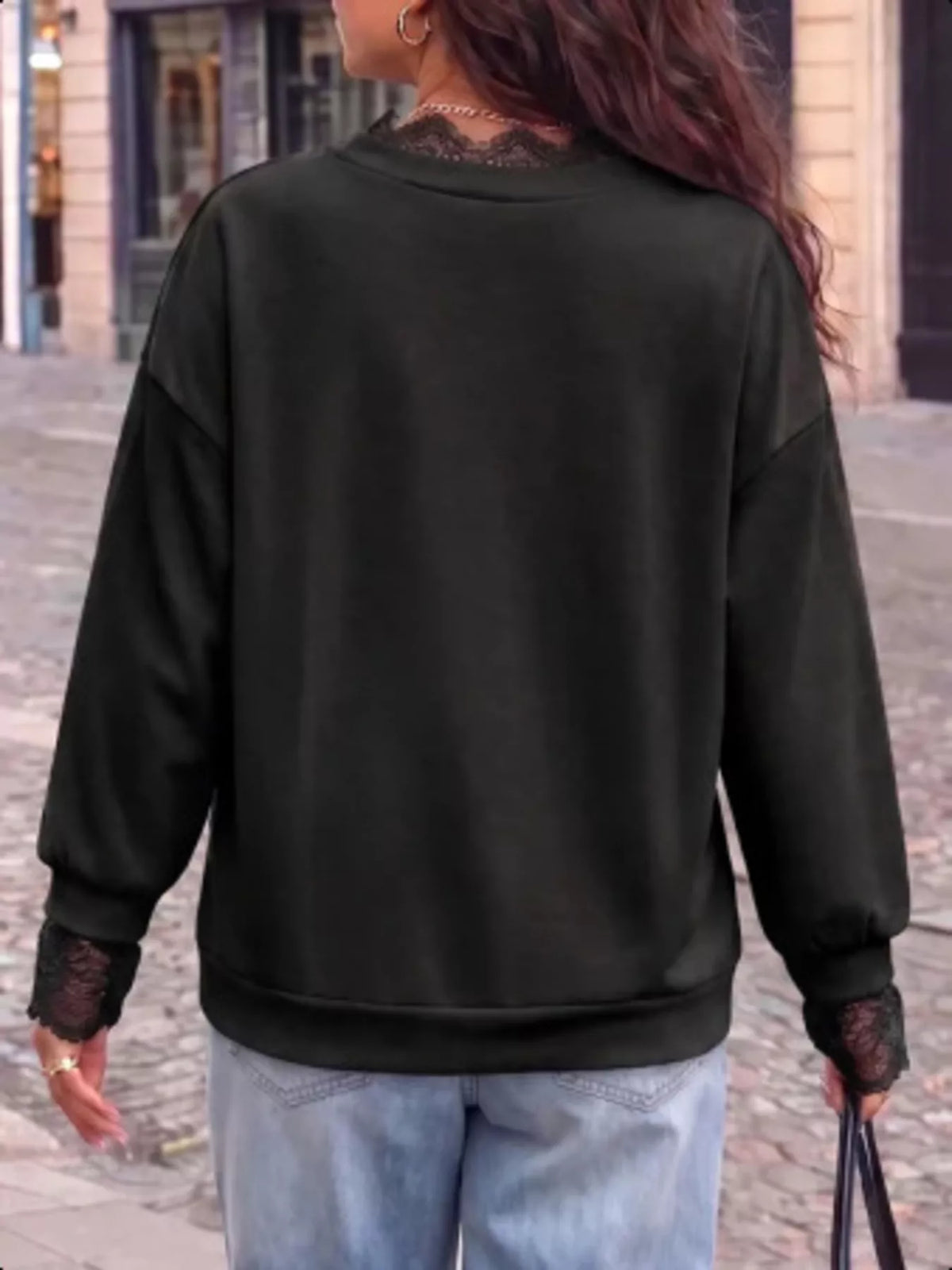 Lace Trim Split Sleeve Sweatshirt - Black - View 3